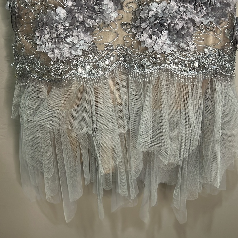 Embroidered Dress Mini Gown Silver Tulle Formal Dance Holiday Party New Years - Picture 4 of 13